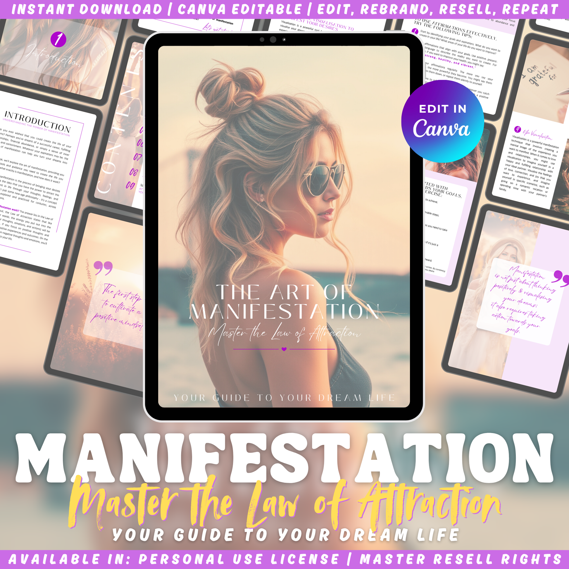 Manifestation guidebook cover - "The Art of Manifestation - Master the law of attraction - Your guide to your dream life"