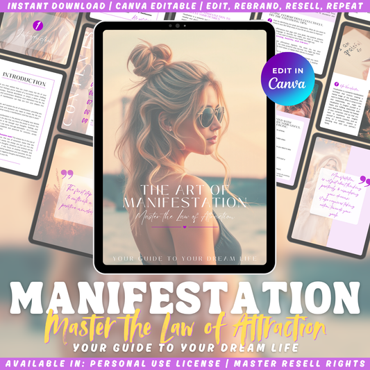 Manifestation guidebook cover - "The Art of Manifestation - Master the law of attraction - Your guide to your dream life"