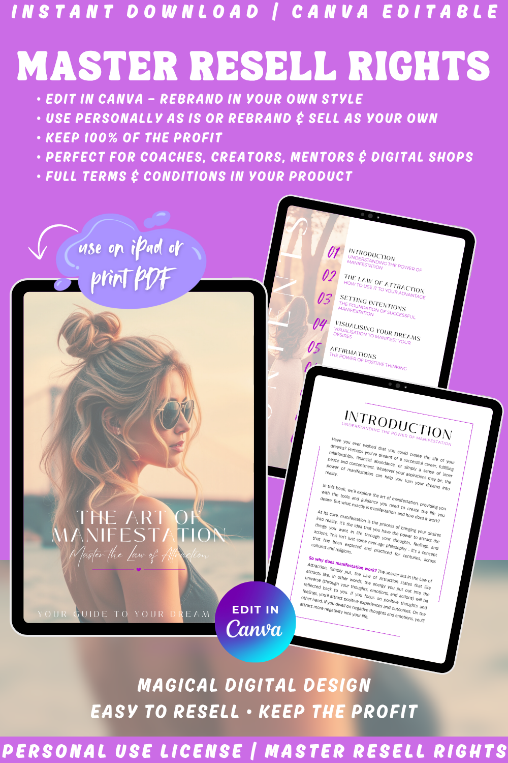 Promotional graphic for a digital product with text about private label rights and master resell rights. The guide "The art of manifestation - learn to master the law of attraction - your guide to your dream life" is easy to resell and you can keep the profit. 