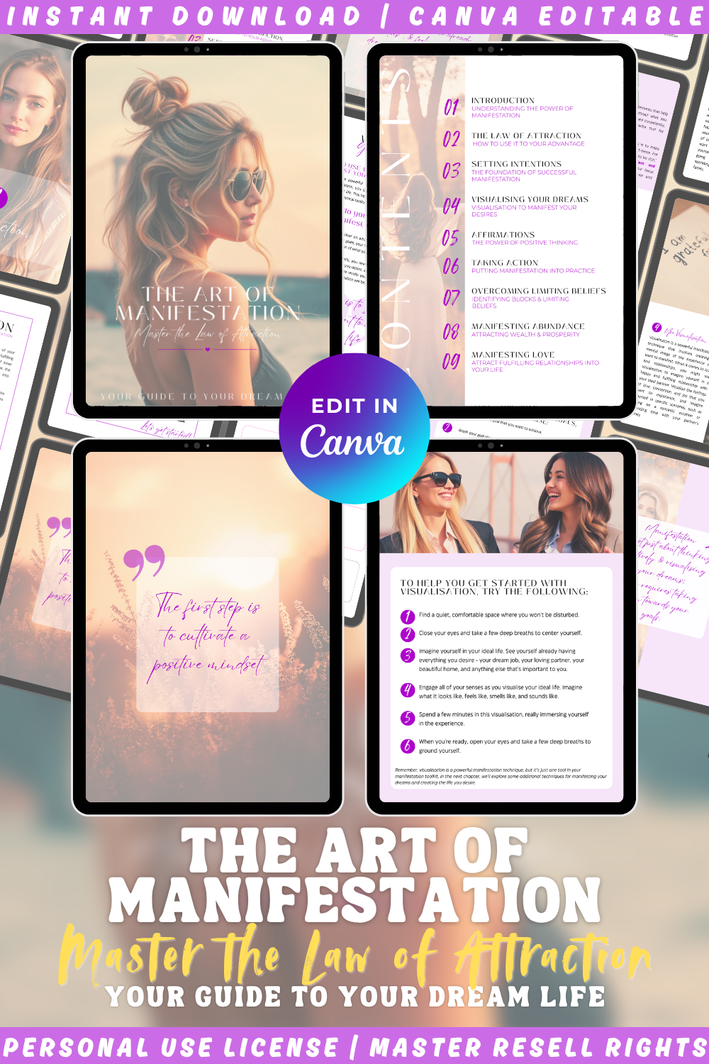 Collage of 'The Art of Manifestation' book and related materials with text overlay: Master the law of attraction - your guide to your dream life. Image shows previews of the books pages. 