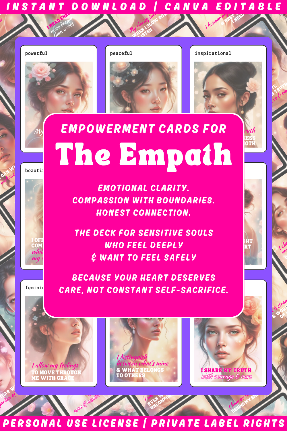 Promotional graphic of the affirmation deck "The Empath's Heart" from the collection "Empath Rising". Available in private label rights and personal use license. Image showing a collage of previews of the cards.