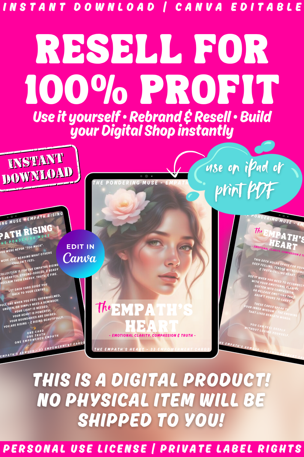 Promotional graphic of the affirmation deck "The Empath's Heart" from the collection "Empath Rising". Available in private label rights and personal use license. Image explaining private label rights and how to resell and keep 100% profit.