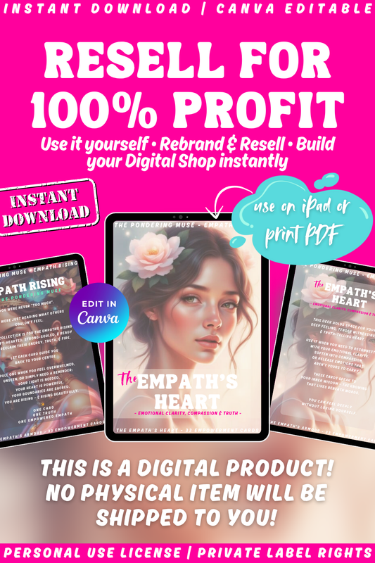 Promotional graphic of the affirmation deck "The Empath's Heart" from the collection "Empath Rising". Available in private label rights and personal use license. Image explaining private label rights and how to resell and keep 100% profit.