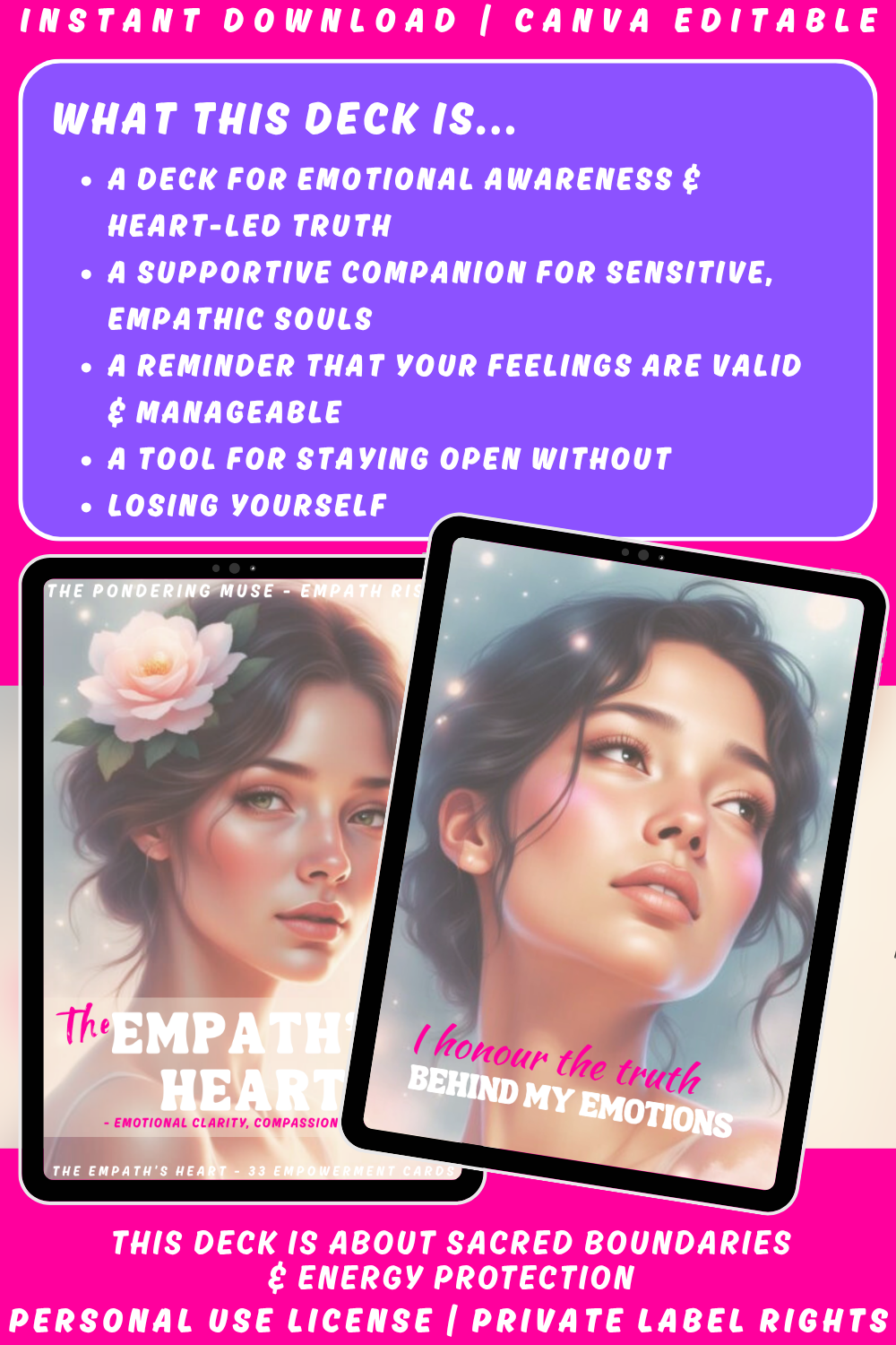 Promotional graphic of the affirmation deck "The Empath's Heart" from the collection "Empath Rising". Available in private label rights and personal use license. Image explaining what this deck is.