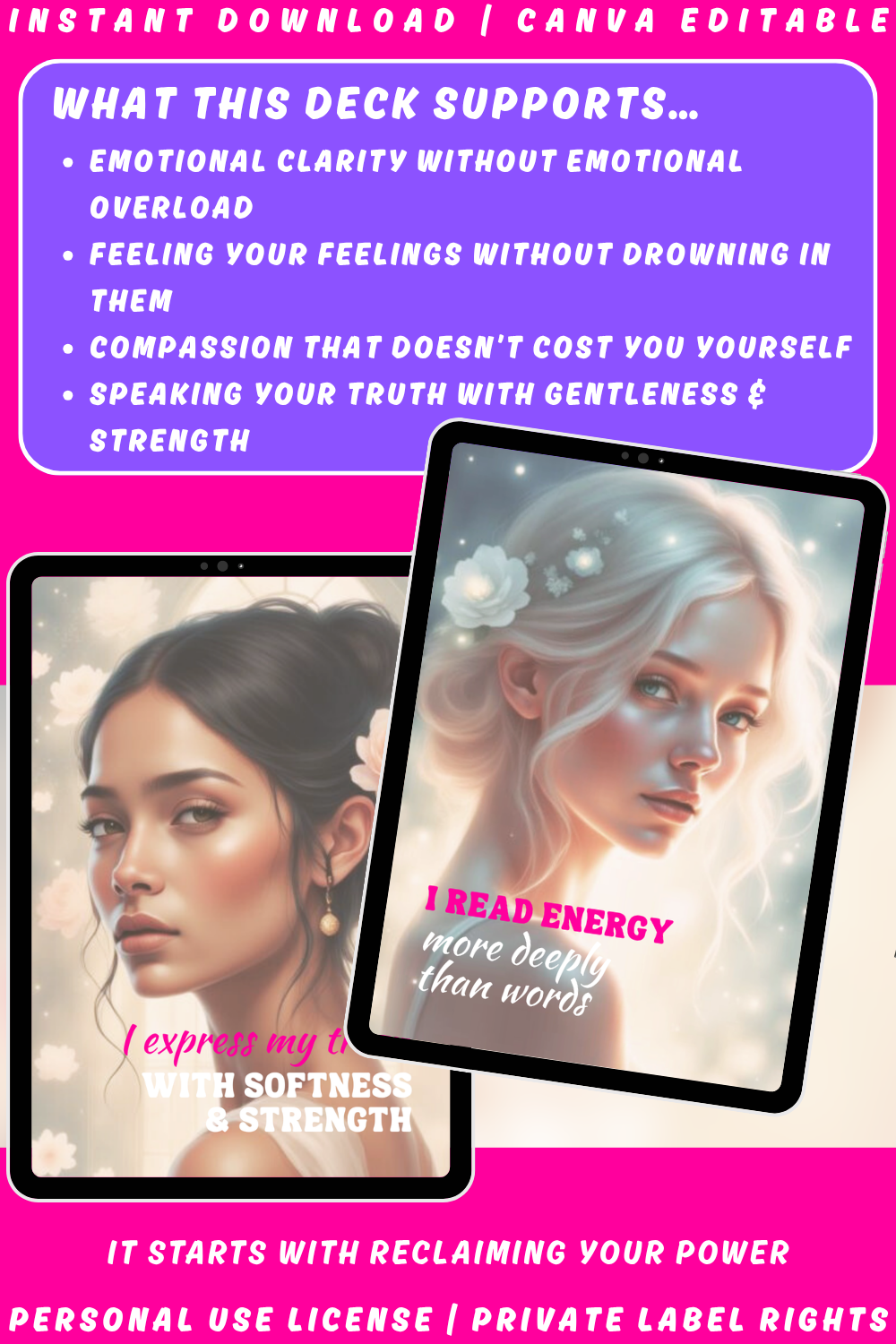 Promotional graphic of the affirmation deck "The Empath's Heart" from the collection "Empath Rising". Available in private label rights and personal use license. Image explaining what this deck supports, how it helps.