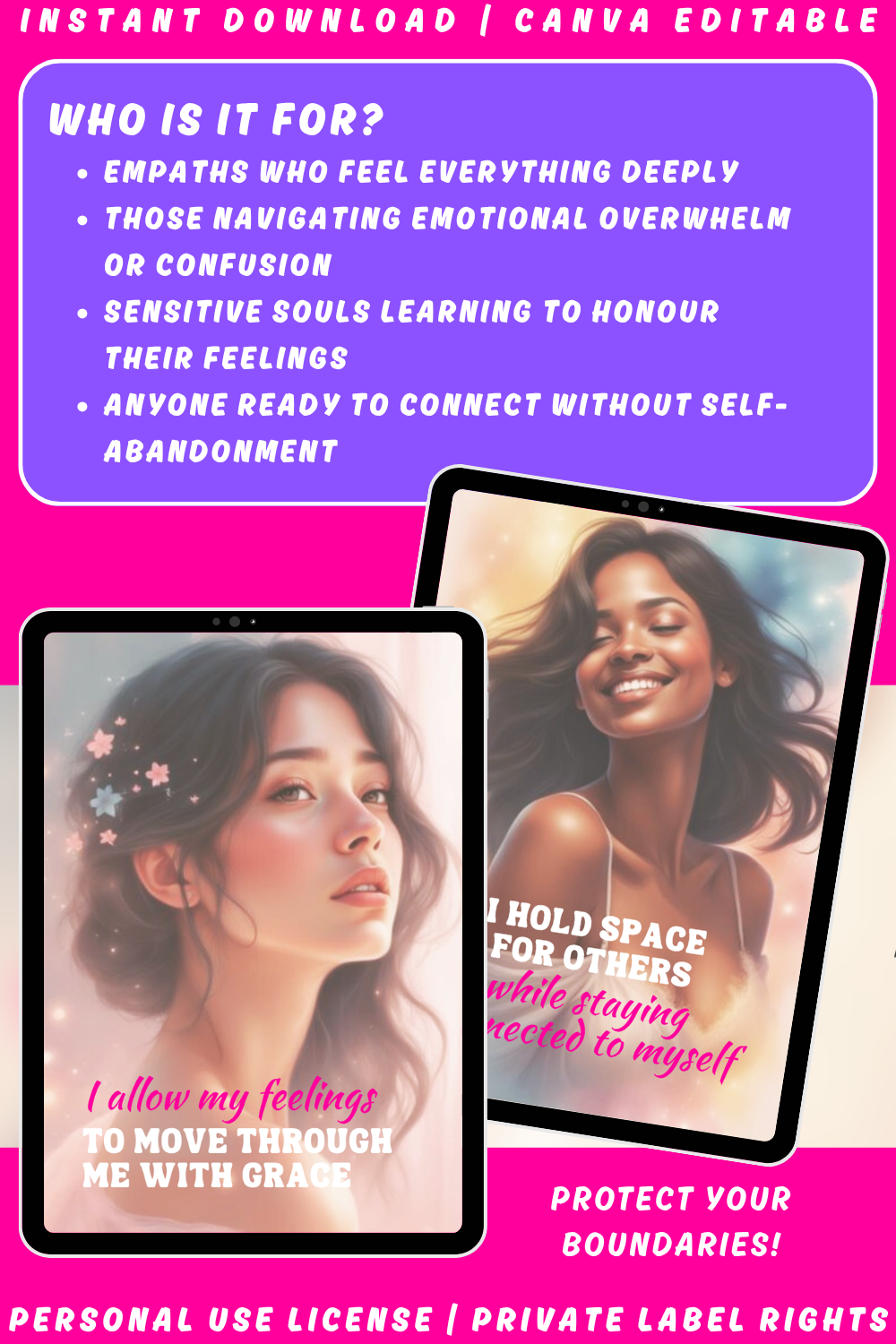 Promotional graphic of the affirmation deck "The Empath's Heart" from the collection "Empath Rising". Available in private label rights and personal use license. Image explaining who this deck is for.