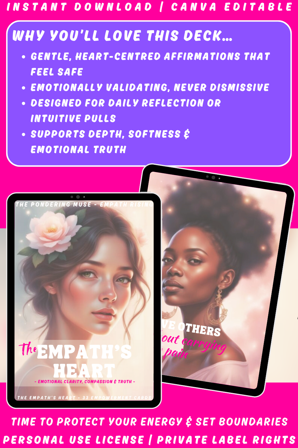 Promotional graphic of the affirmation deck "The Empath's Heart" from the collection "Empath Rising". Available in private label rights and personal use license. Image explaining why you'll love this deck.