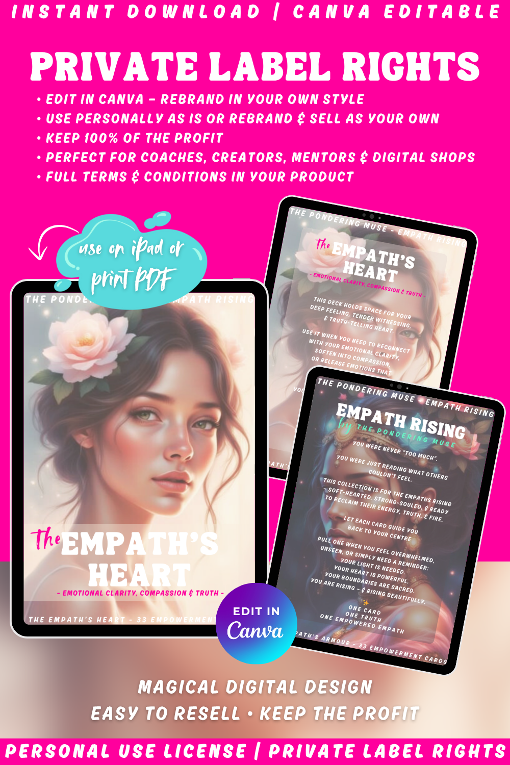 Promotional graphic of the affirmation deck "The Empath's Heart" from the collection "Empath Rising". Available in private label rights and personal use license. Image explaining private label rights.