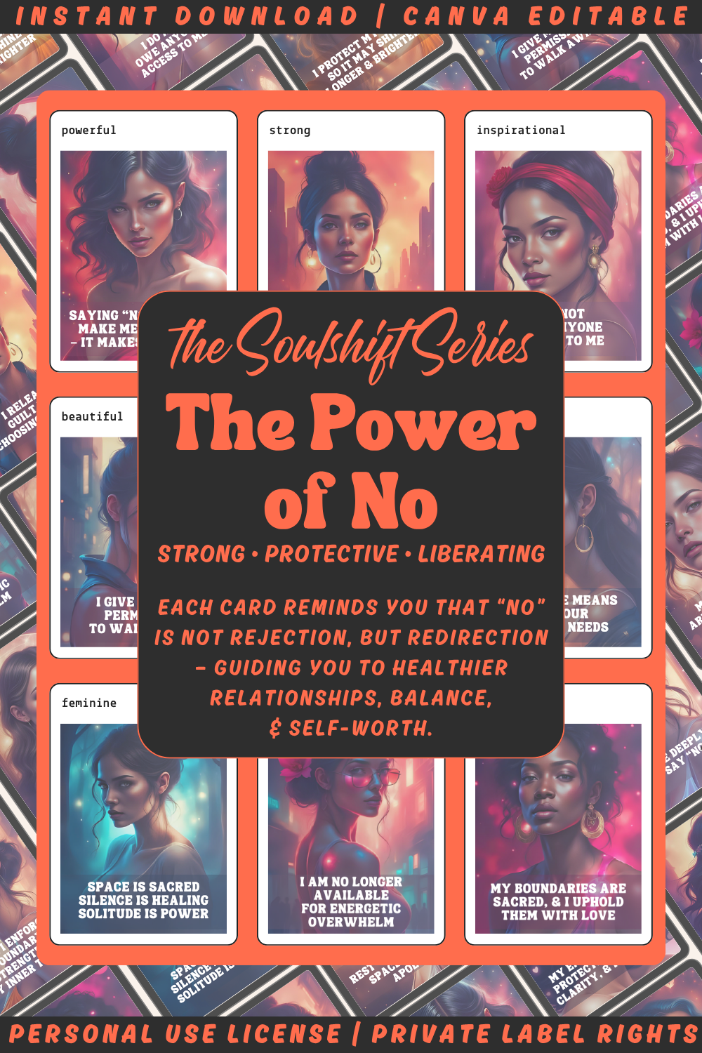 Promotional graphic for the affirmation card deck "The power of no" from the collection "Soulshift". available in personal use license and private label rights. collage showing previews of the affirmation cards. 