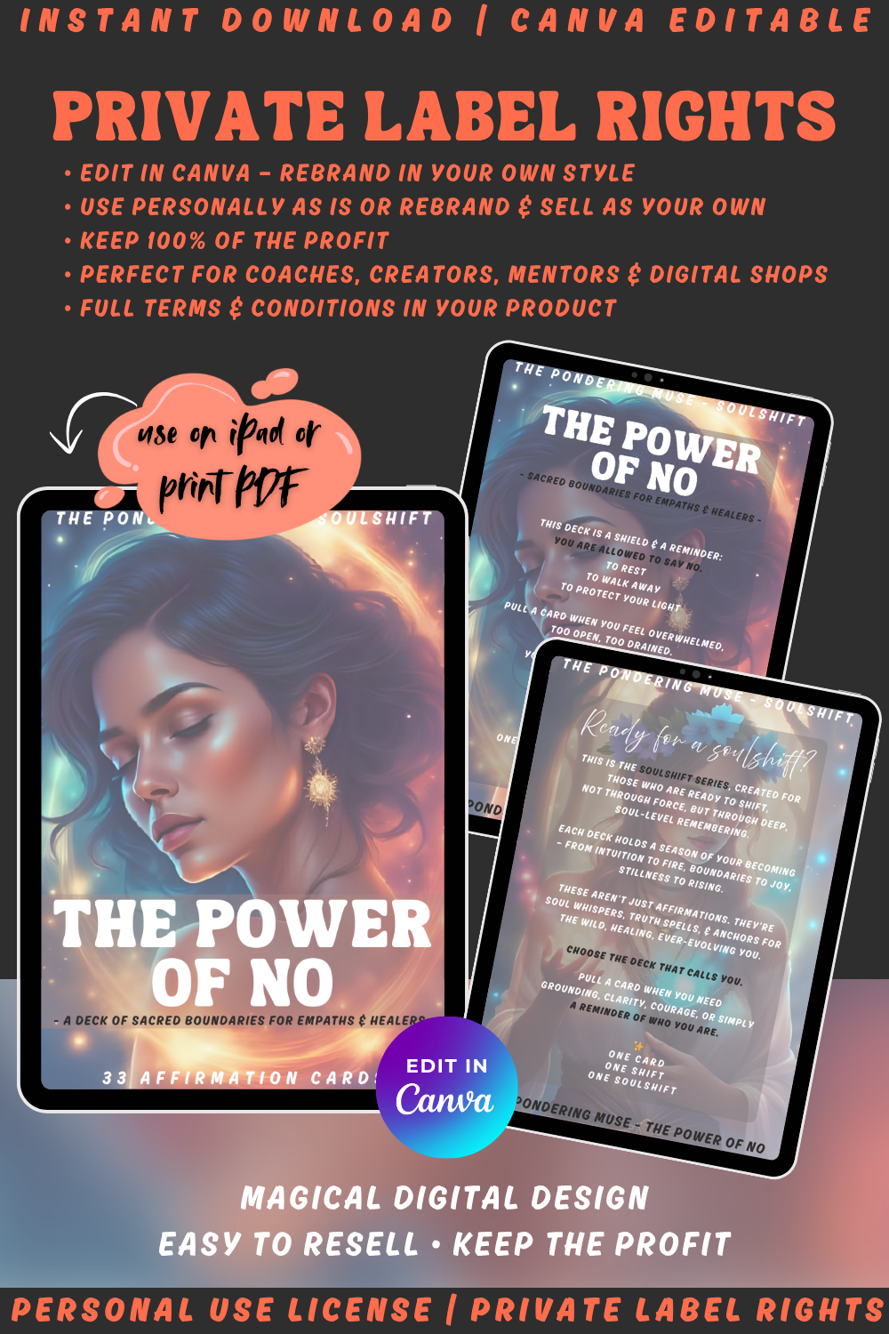 Promotional graphic for the affirmation card deck "The power of no" from the collection "Soulshift". available in personal use license and private label rights.