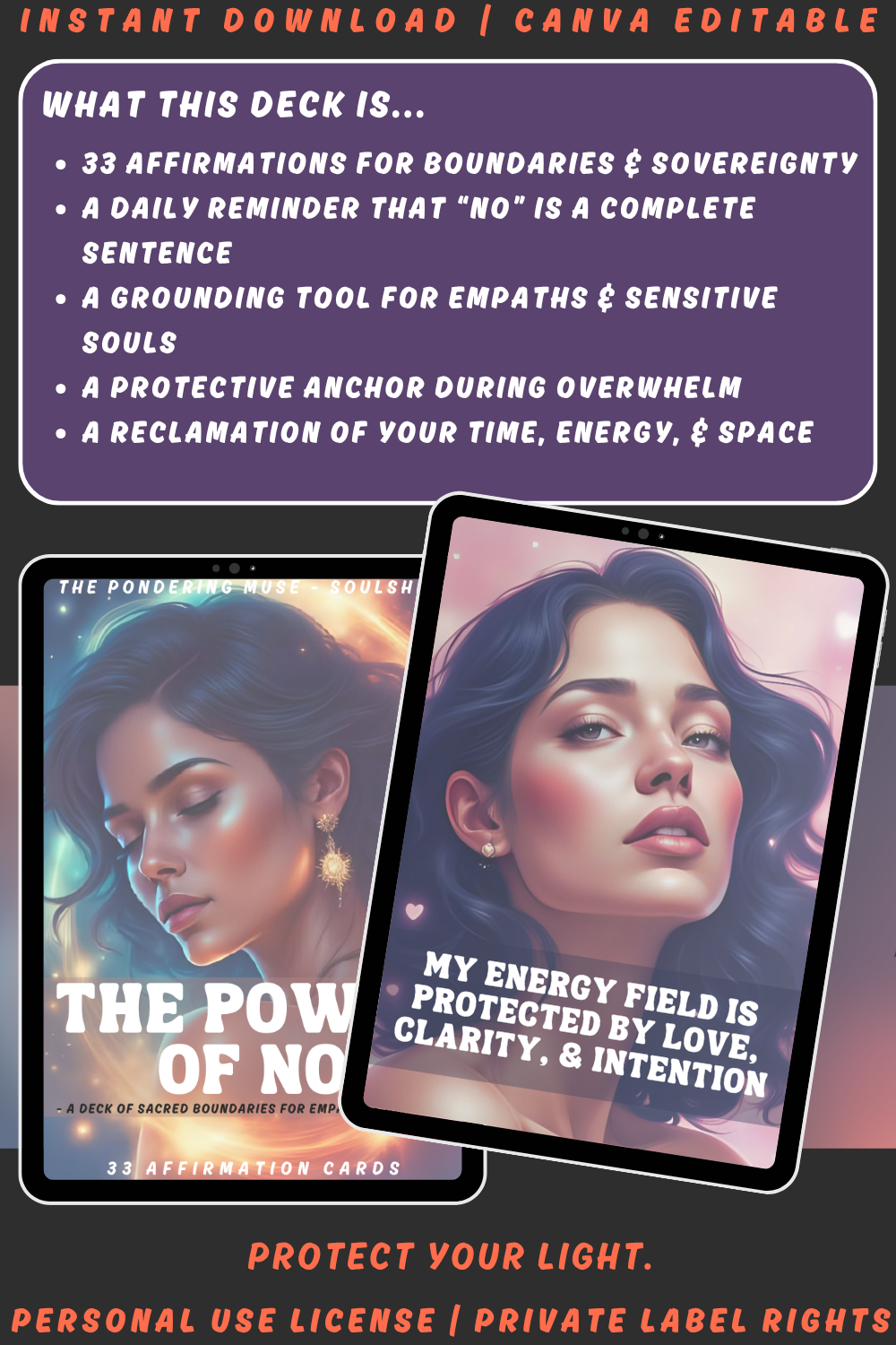 Promotional graphic for the affirmation card deck "The power of no" from the collection "Soulshift". available in personal use license and private label rights. image explaining what this deck is