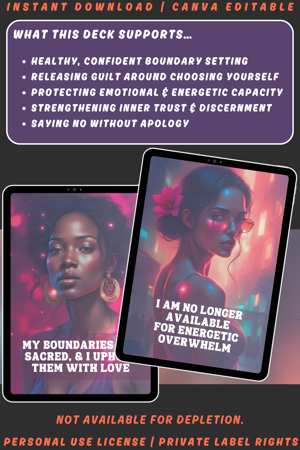 Promotional graphic for the affirmation card deck "The power of no" from the collection "Soulshift". available in personal use license and private label rights. image explaining what this deck supports. 