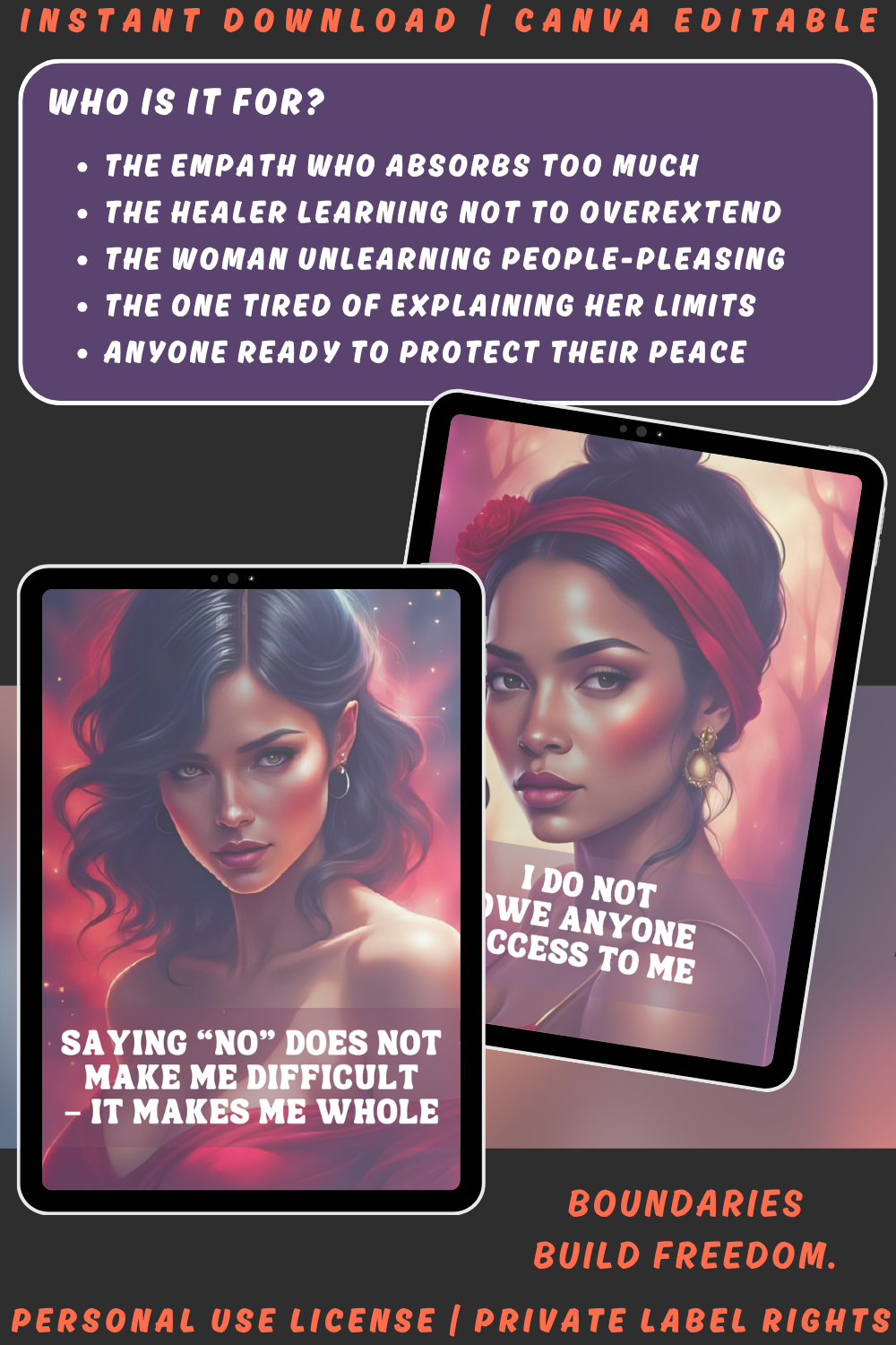Promotional graphic for the affirmation card deck "The power of no" from the collection "Soulshift". available in personal use license and private label rights. image explaining who this deck is for