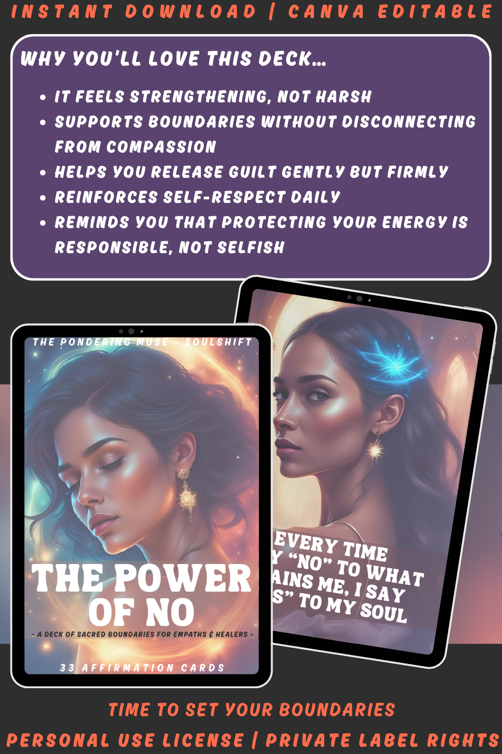 Promotional graphic for the affirmation card deck "The power of no" from the collection "Soulshift". available in personal use license and private label rights. image explaining why you'll love this deck .