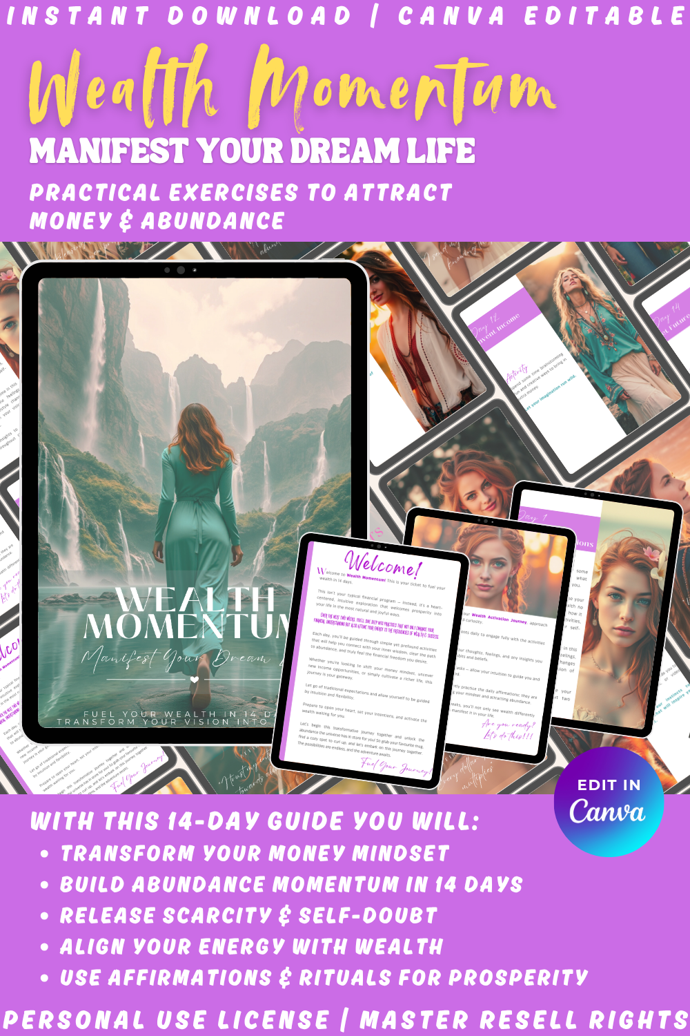 Promotional graphic for 'Wealth Momentum - manifest your dream life - fuel your wealth in 14 days - transform your vision into reality". This guide helps you transform your money mindset and build abundance momentum in 14 days. Available in personal use license, private label rights, and master resell rights. 