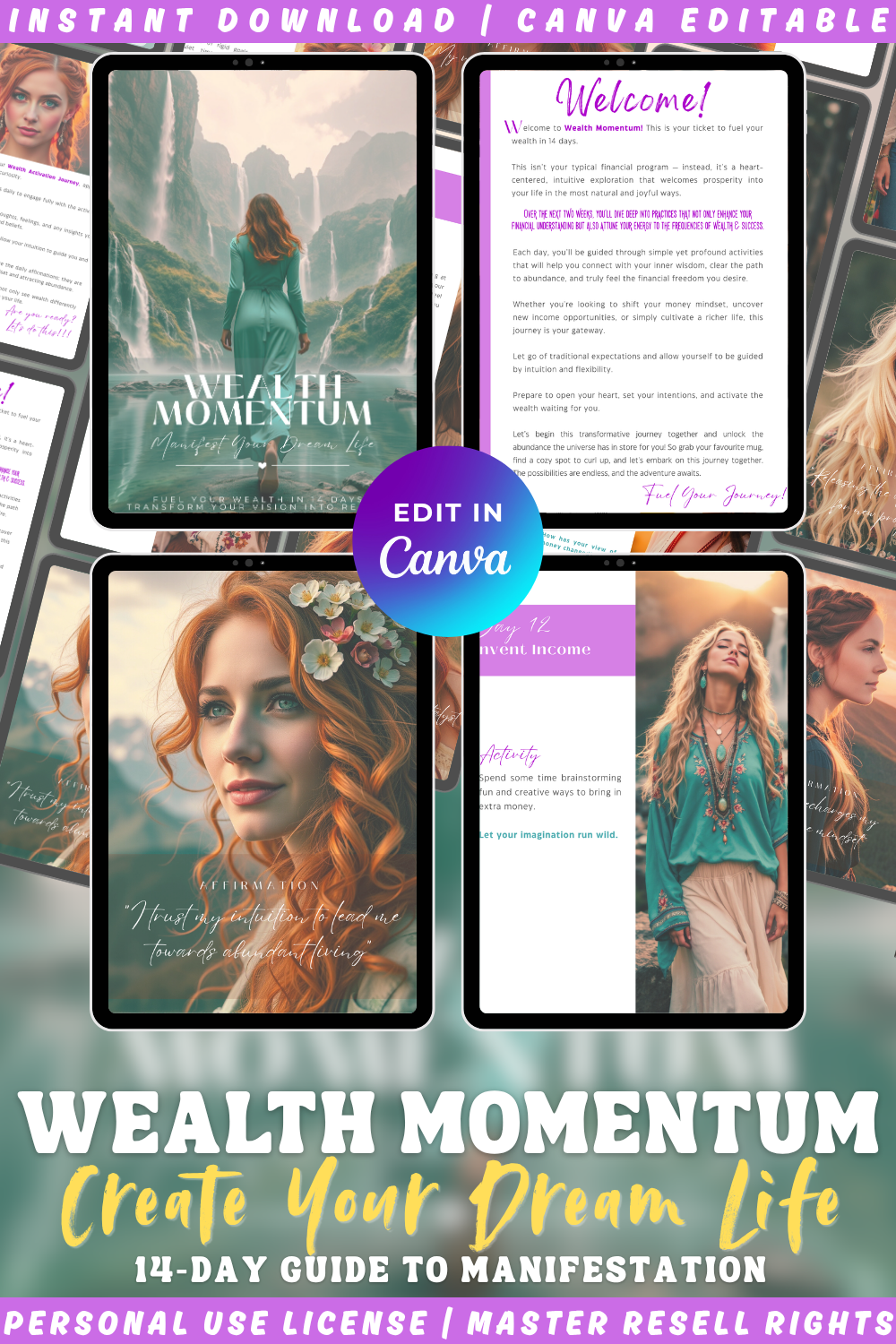 Collage of the guide "Wealth Momentum - manifest your dream life. fuel your wealth in 14 days - transform your vision into reality". Previews of the pages in the background.