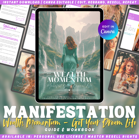 Manifestation guide - Wealth Momentum - Manifest your dream life. Fuel your wealth in 14 days, transform your vision into reality. Available in personal use license and master resell rights. 
