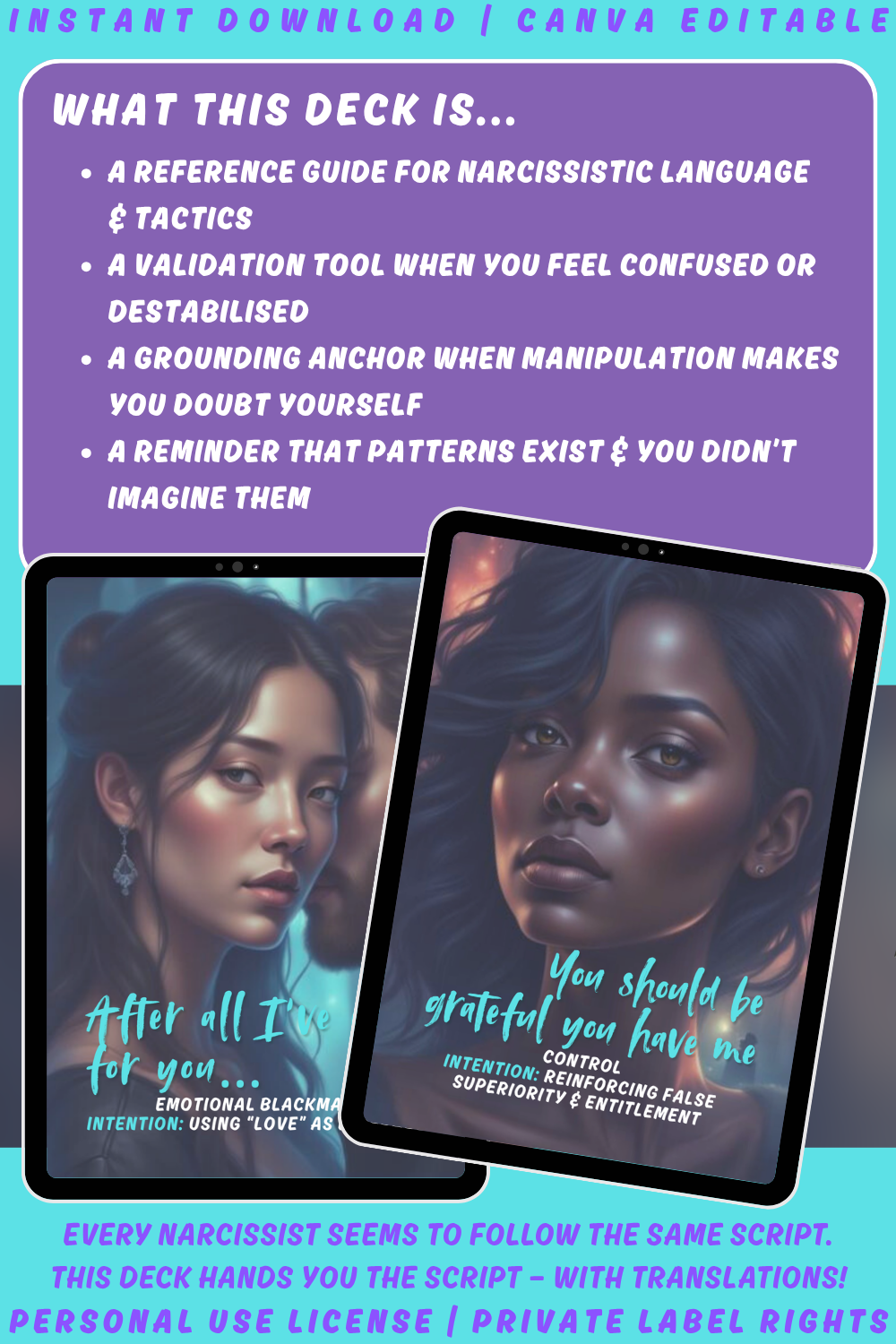 Promotional graphic explaining what the deck 'Narc Talk - things the narcissist says - 44 warning cards for the narc talk red flags' is. available in personal use license and private label rights.