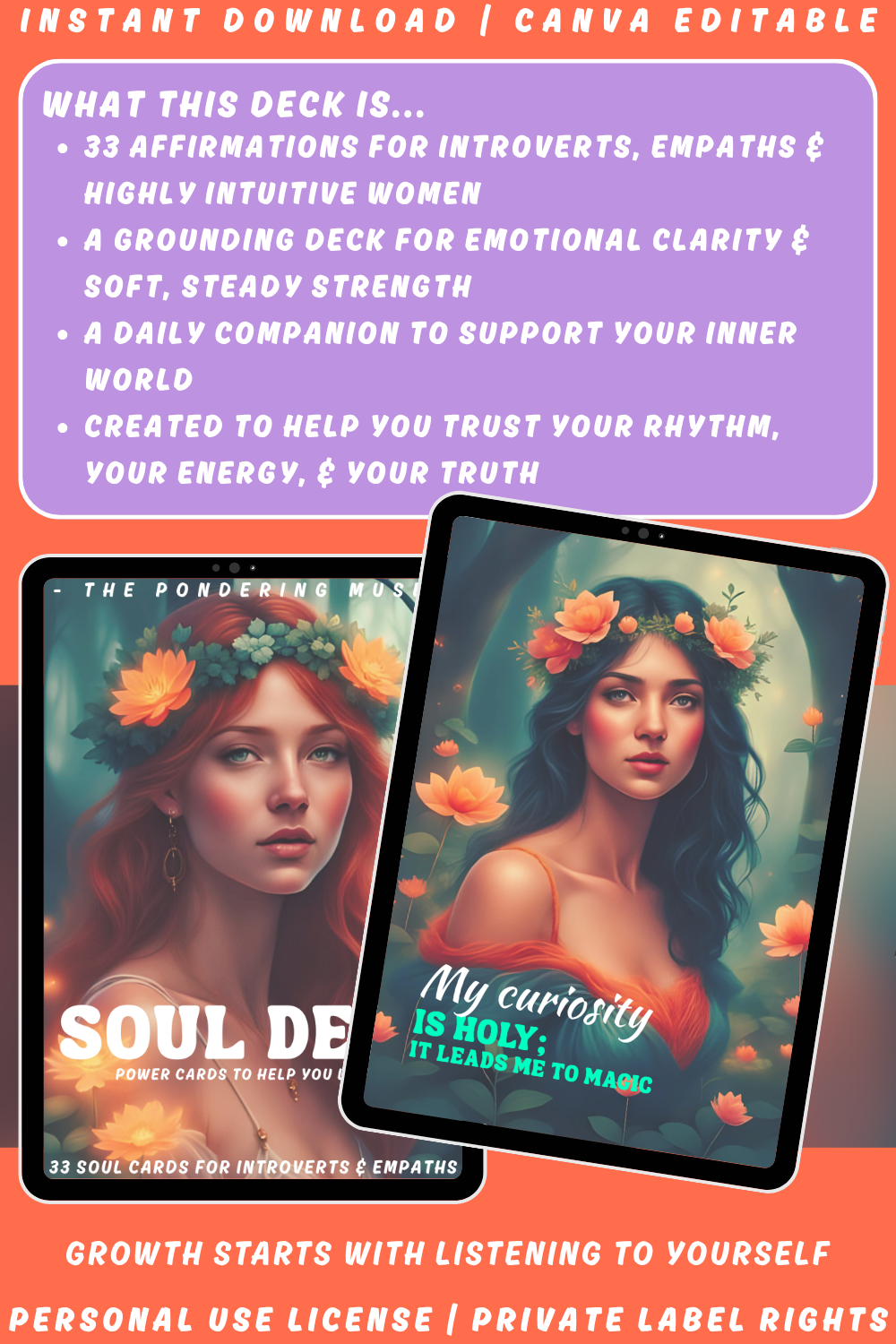 Promotional graphic explaining what the deck "SOul deep" is. Power cards to help you listen to your soul. available in personal use license and private label rights. 
