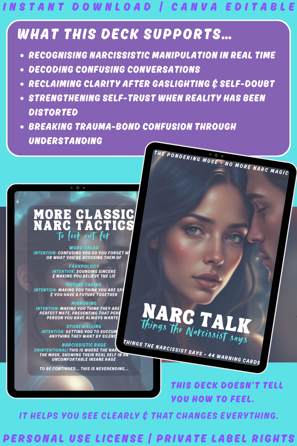 Promotional graphic explaining what this deck 'Narc Talk - things the narcissist says - 44 warning cards for the narc talk red flags' supports. available in personal use license and private label rights.