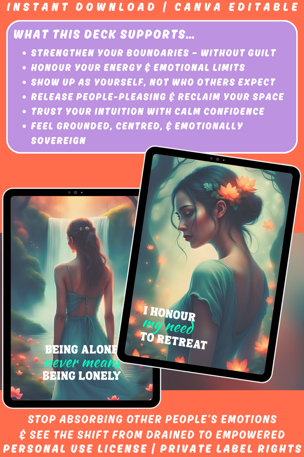 Previews of the Soul deep affirmation cards. I honour my need to retreat and being alone never means being lonely. Available in personal use license and private label rights. 
