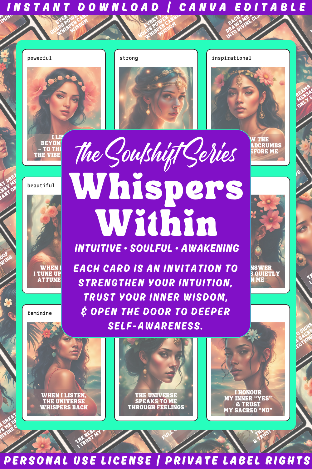 Promotional graphic of the affirmation card deck "Whispers within" of the collection "Soulshift". Available in personal use license and private label rights. collage showcasing previews of the affirmation cards from the deck .