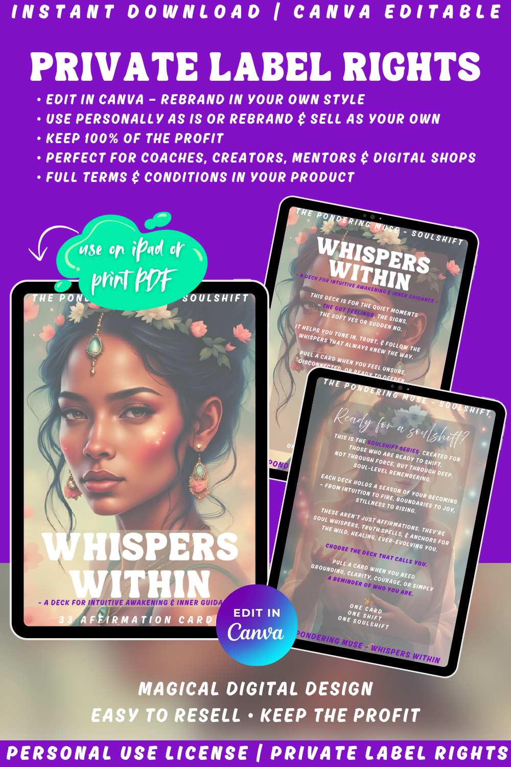 Promotional graphic of the affirmation card deck "Whispers within" of the collection "Soulshift". Available in personal use license and private label rights.