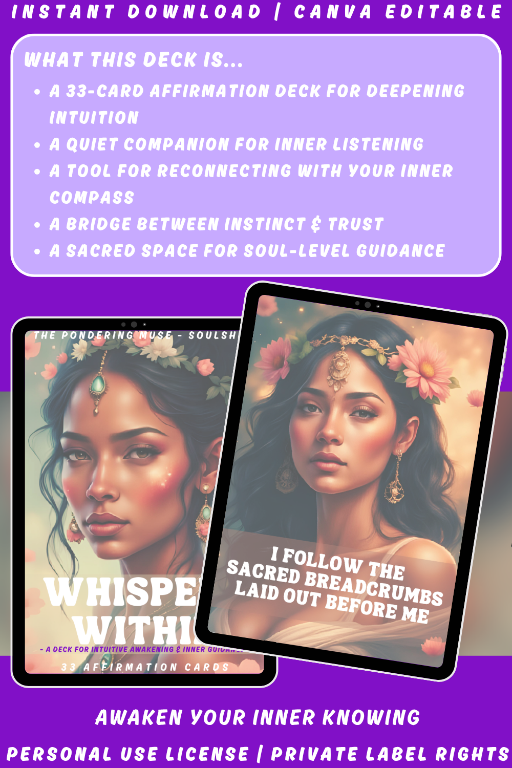 Promotional graphic of the affirmation card deck "Whispers within" of the collection "Soulshift". Available in personal use license and private label rights. image explaining what this deck is.