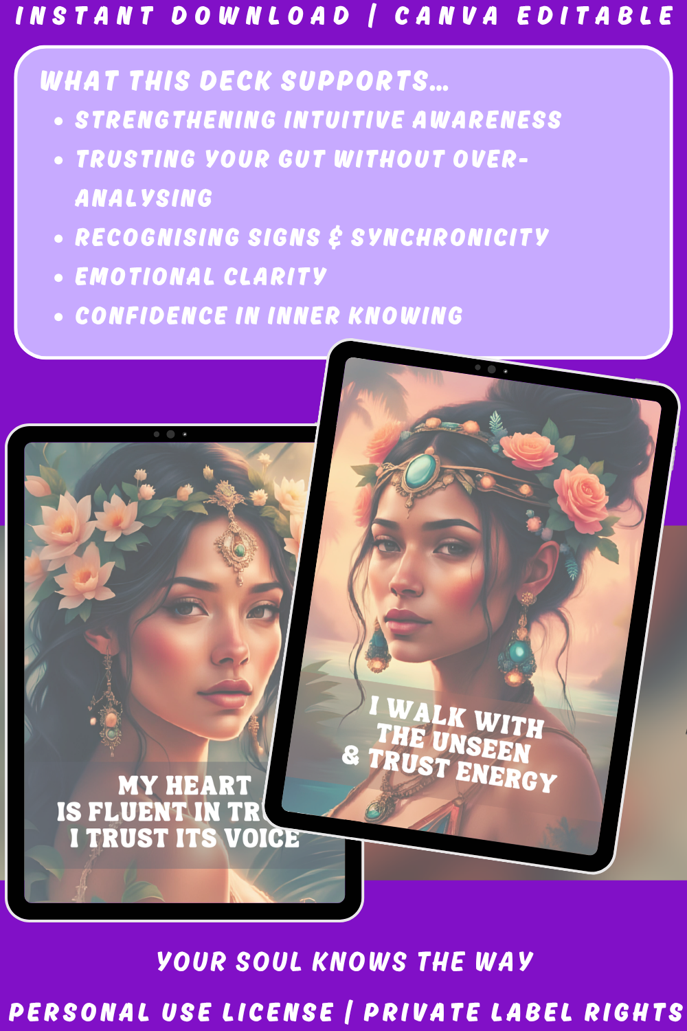 Promotional graphic of the affirmation card deck "Whispers within" of the collection "Soulshift". Available in personal use license and private label rights. image explaining what this deck supports. 