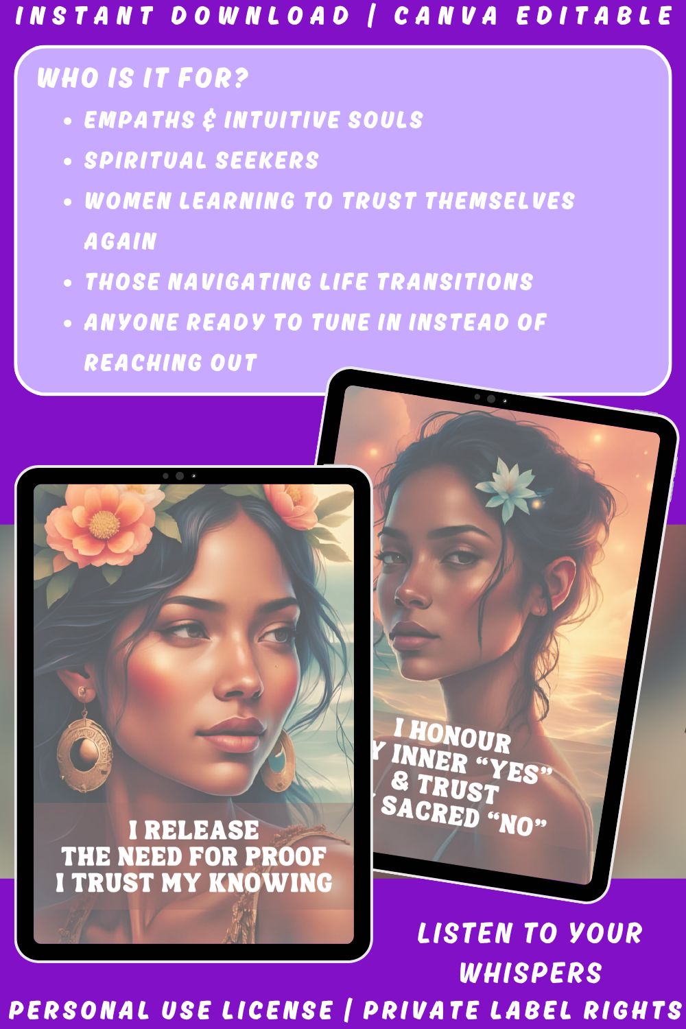 Promotional graphic of the affirmation card deck "Whispers within" of the collection "Soulshift". Available in personal use license and private label rights. image explaining who this deck is for. 