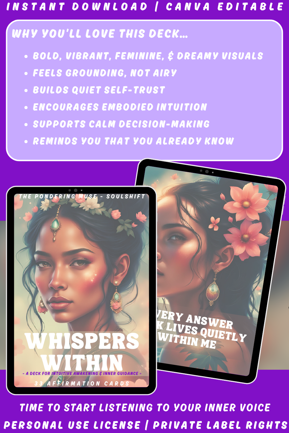 Promotional graphic of the affirmation card deck "Whispers within" of the collection "Soulshift". Available in personal use license and private label rights. image explaining why you'll love this deck. 