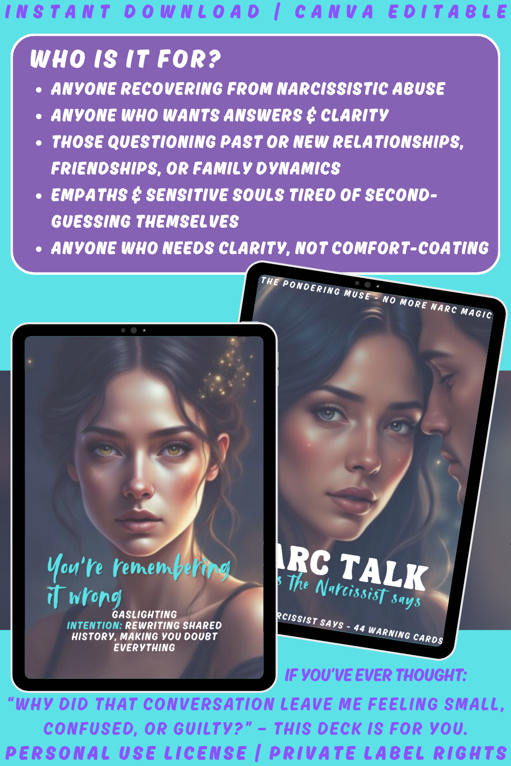 Promotional graphic explaining who this deck 'Narc Talk - things the narcissist says - 44 warning cards for the narc talk red flags' is for. available in personal use license and private label rights.