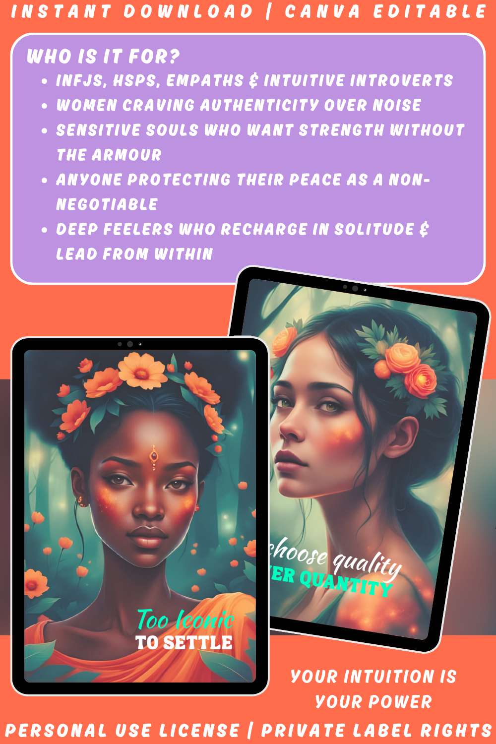 Promotional graphic describing who this deck is for. The empaths, introverts, INFJs and HSPs, or those craving authenticity over noise. Available in personal use license and private label rights. 