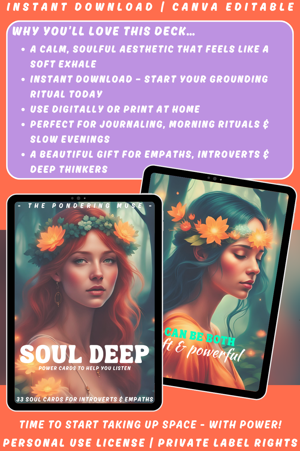 Promotional graphic describing why you'll love the affirmation cards "Soul Deep". Instant download. A calm soulful aesthetic that feels like a soft exhale. Available in personal use license and private label rights. 