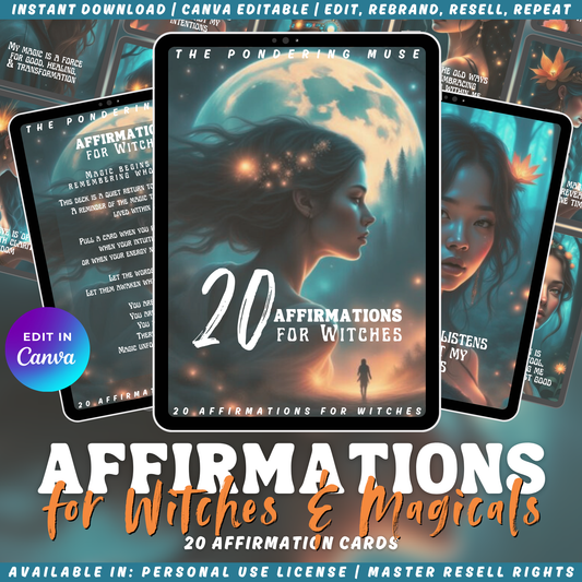 Promotional graphic for '20 Affirmations for Witches' cards. Available licenses: personal use, private label rights, and master resell rights. 