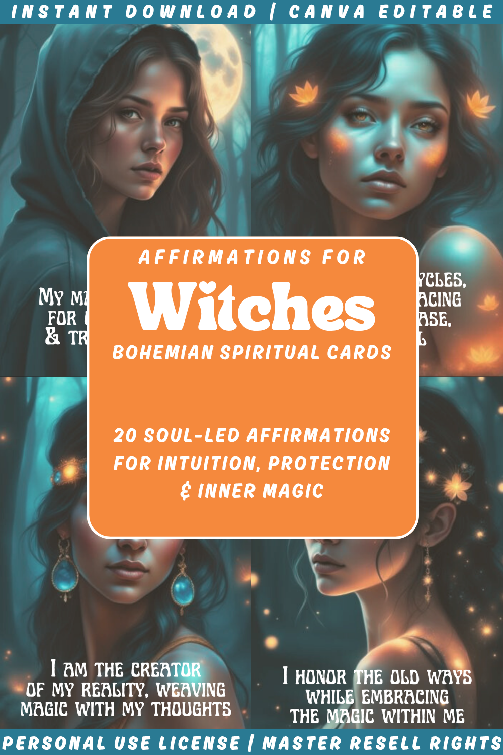 Bohemian spiritual cards for witches with four women in a mystical setting. Available in personal use license, private label rights and master resell rights. 