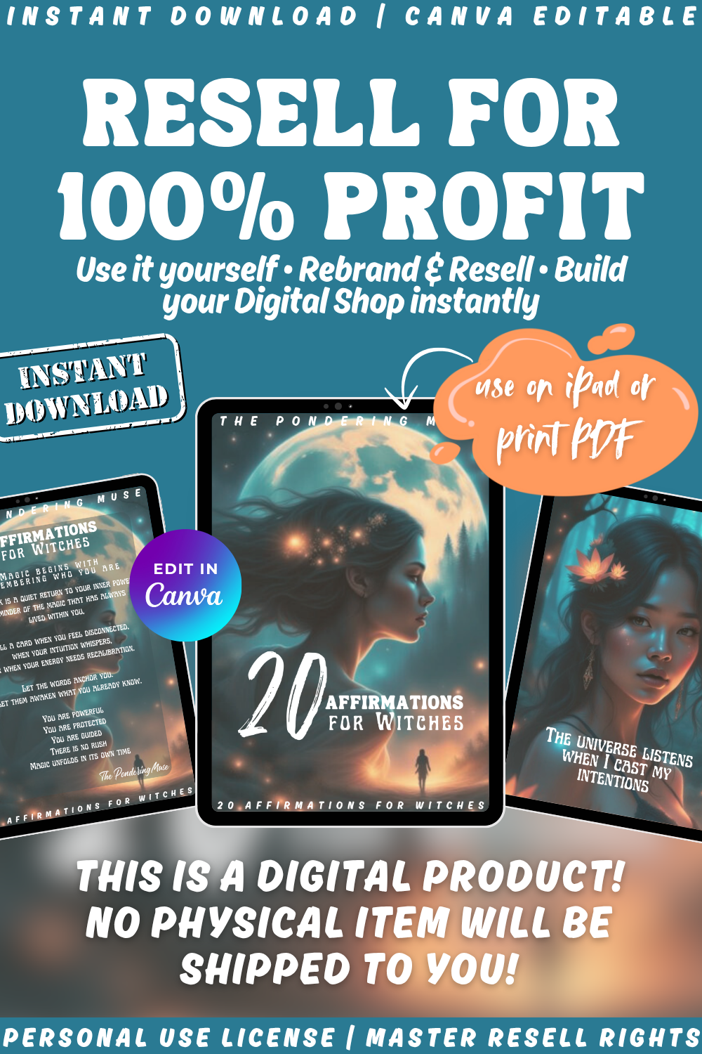 Affirmation cards for witches and magical beings. This is a digital product and instant download. Use it yourself or rebrand and resell with private label rights and master resell rights. 