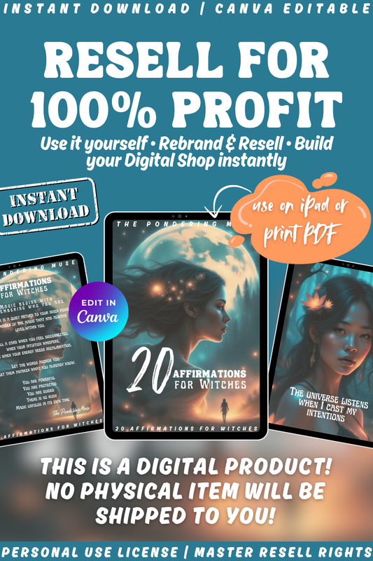 Affirmation cards for witches and magical beings. This is a digital product and instant download. Use it yourself or rebrand and resell with private label rights and master resell rights. 