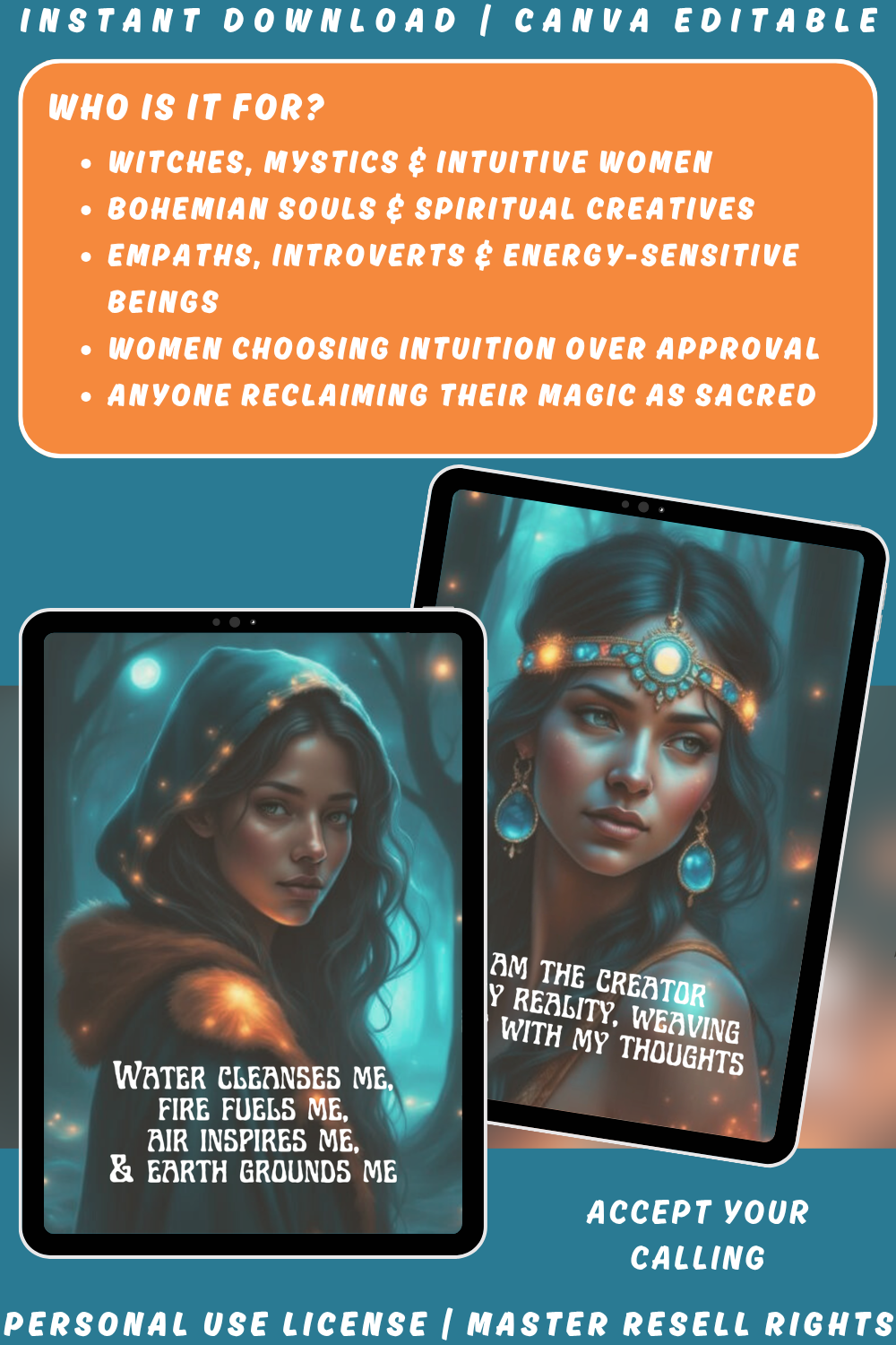 Promotional graphic explaining who the witches affirmation deck is for. Bohemian souls, spritiual creatives, witches, intuitive women and energy-sensistive women. Available in personal use, private label rights, and master resell rights. 