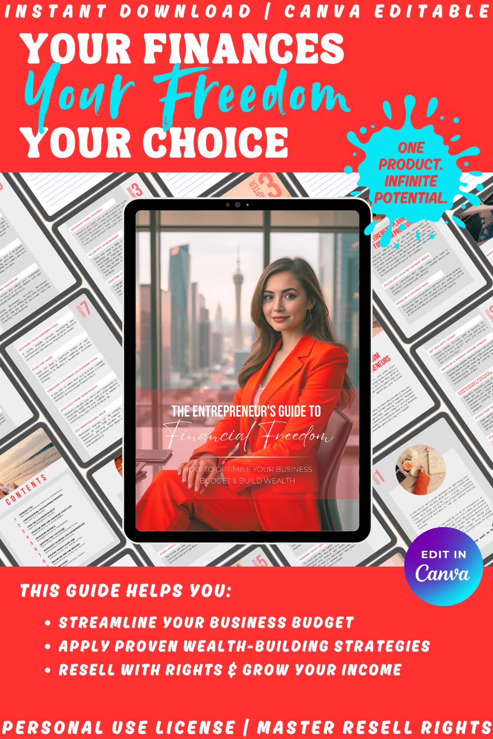 Promotional graphic for 'The Entrepreneur's Guide to Financial Freedom' with a woman on a tablet, surrounded by text and graphics.
