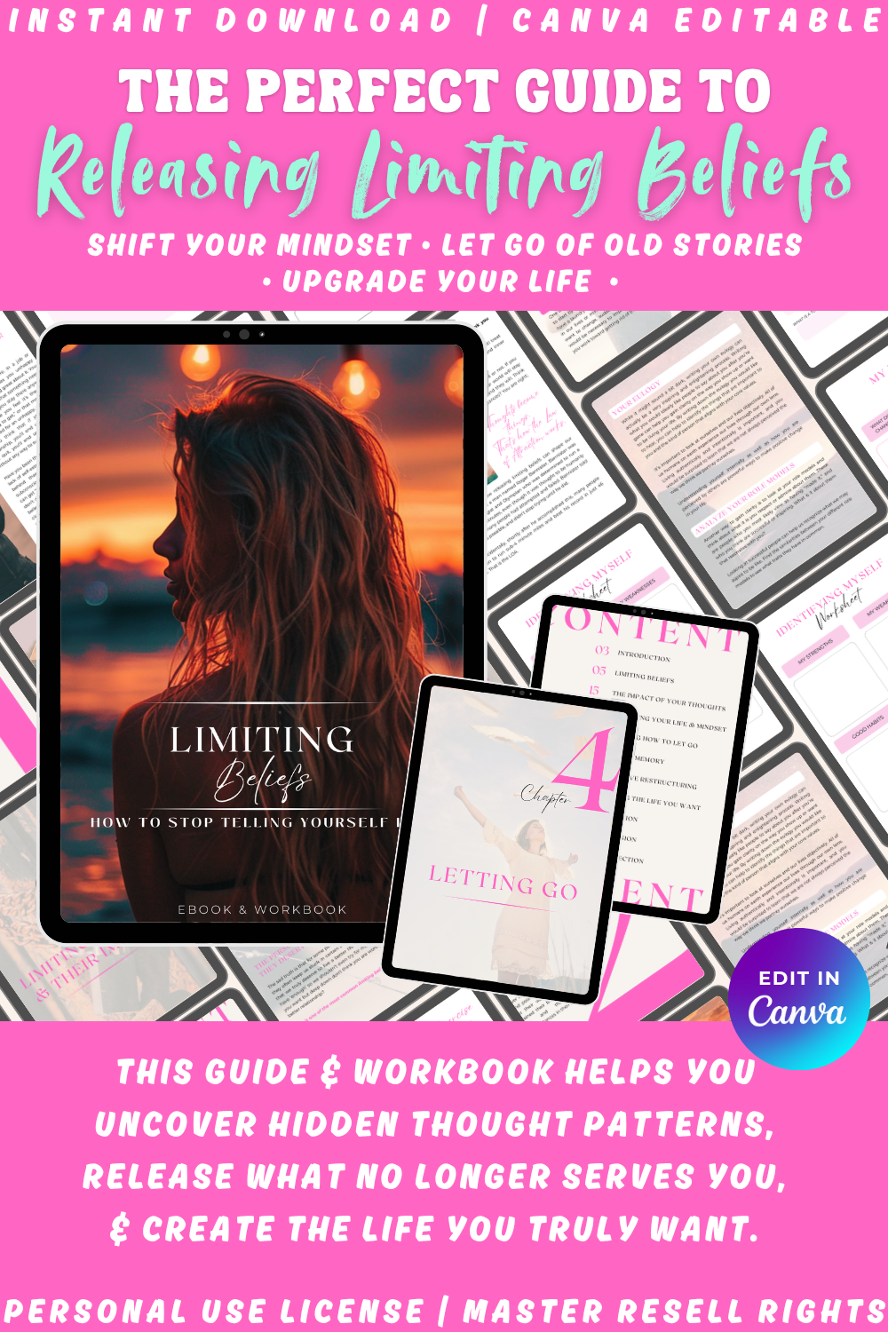 Overview of "Limiting Beliefs - how to stop telling yourself lies". This guide and workbook helps you uncover hidden thought patterns and create the life you want. Available in personal use license, pivate label rights, and master resell rights. 