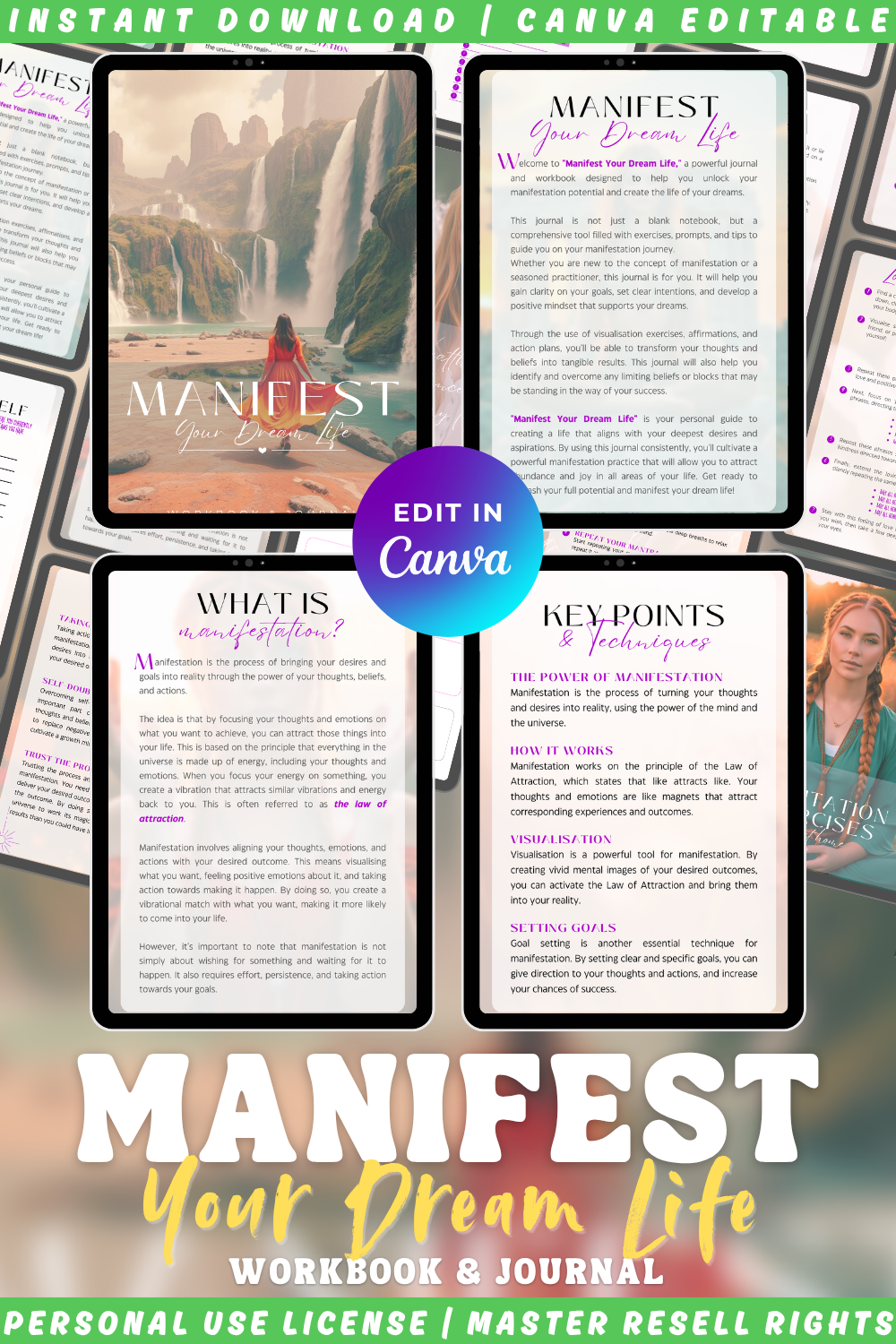 Manifest Your Dream Life workbook and journal available in private label rights and master resell rights editable in Canva. Showcasing previews of the ebook on tablet mockups. 